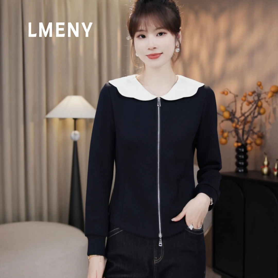 LMENY“巧领小衫”轻甜减龄~空气层撞色娃娃领花边拉链小衫25CC031