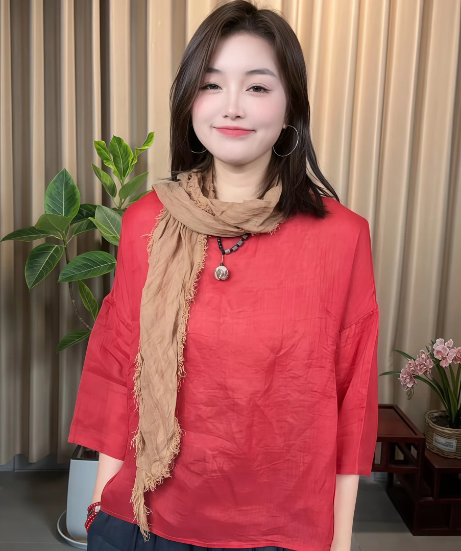 672喇叭袖成人薄款圆领七分袖衬衫夏季时尚咖色千金风长袖休闲