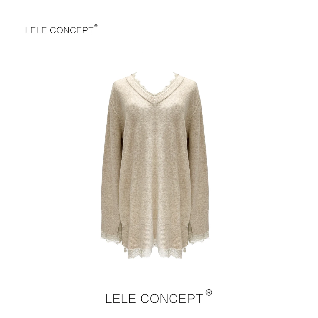 LELE CONCEPT丨轻奢气质蕾丝边V领长款毛衣S0797