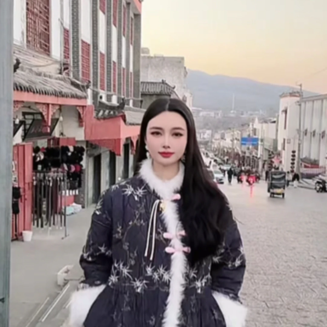 原创沉鱼落雁新中式盘扣印花三层夹棉两件套撞色加厚加绒家居服