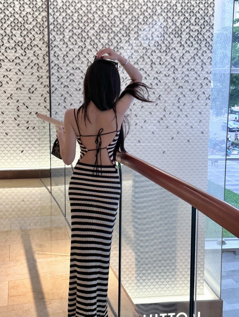 GABBY 女士 条纹100%棉露背吊带抹胸上衣黑白条纹半身裙L1514