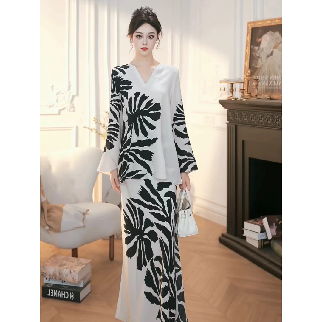 ZHAOMU 气质修身黑白印花两件套显瘦套装