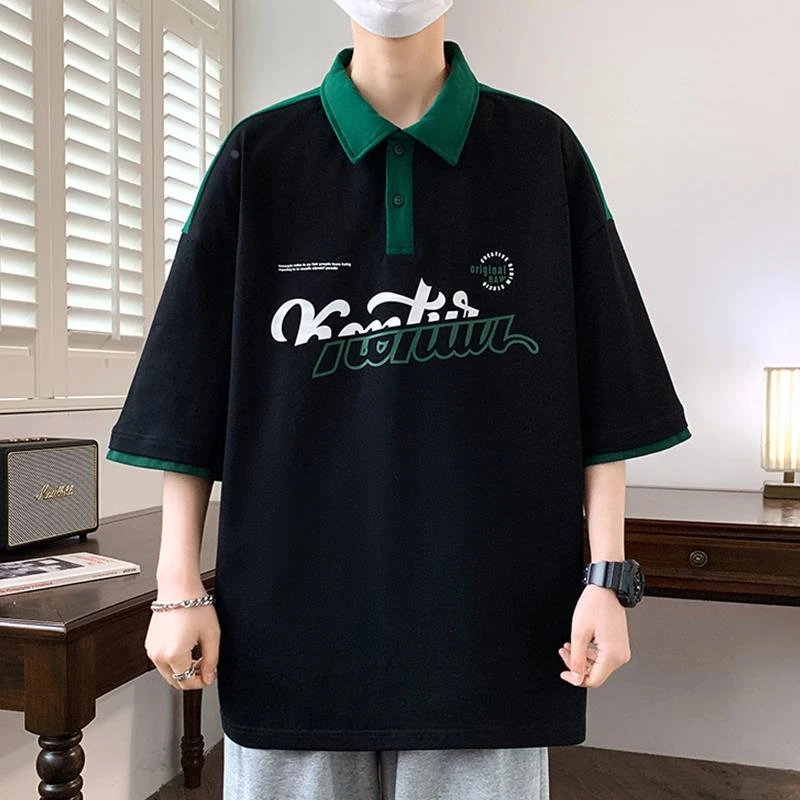 O.U.W速干polo衫夏有领短袖t恤男宽松上衣青少年字母印花半袖体恤