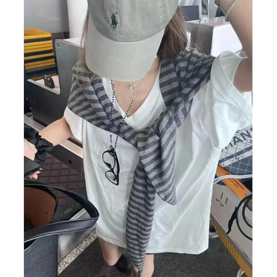 2025新款韩版撞色条纹披肩慵懒网红宽松两件套T恤V领宽松百搭上衣