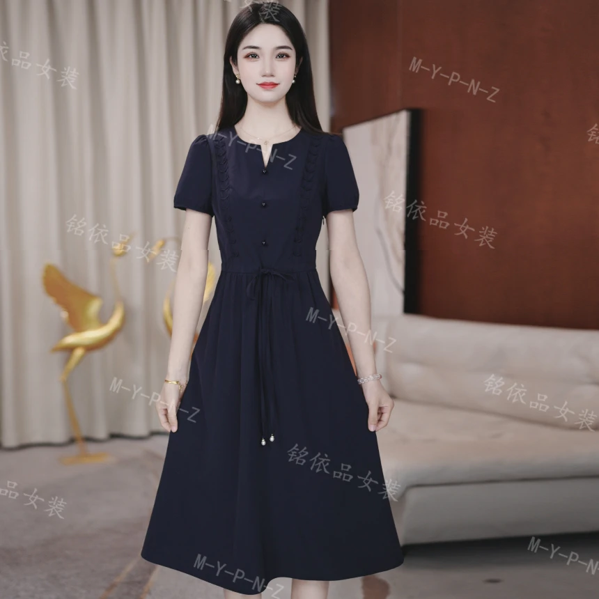X短袖藏蓝色夏季法式常规连衣裙显瘦裙子收腰优雅气质时尚款
