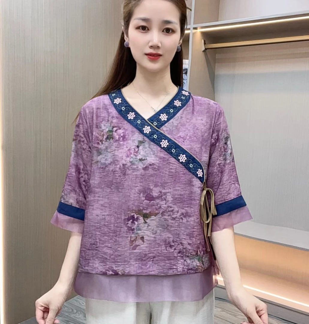 小衫气质百搭古风复古宽松斜襟文艺中国风中式民族风身上衣