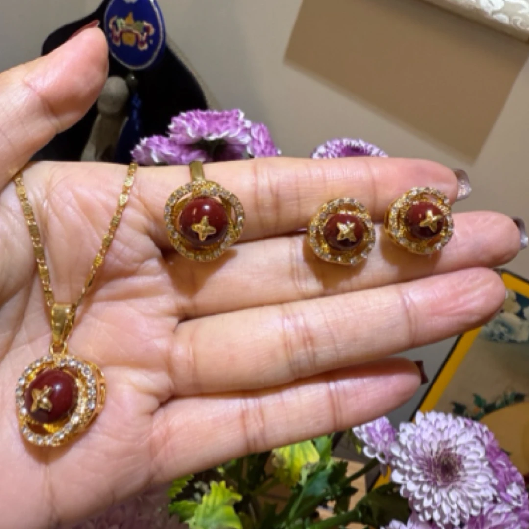 铜合金合成锆石项链 铜合金莲花饰品3件套