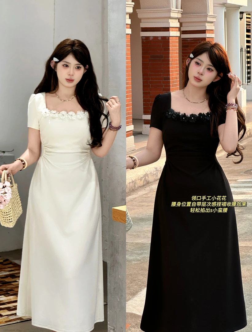 【千惠】欧若风胖mm春季温柔花边抹胸收腰显瘦通勤短袖连衣裙02255D