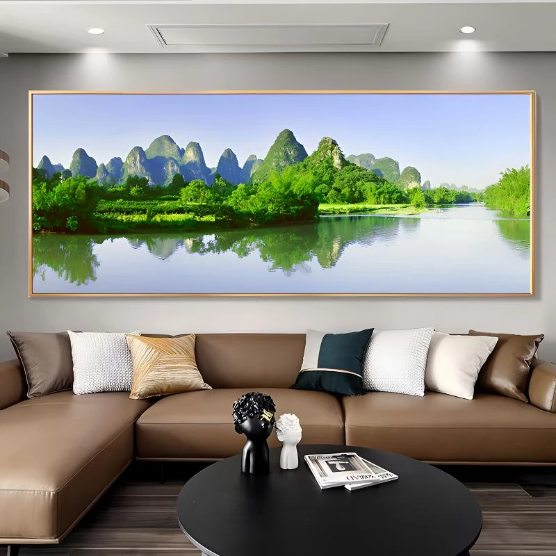 桂林山水轻奢平面装饰画沙发背景墙单联横版客厅新中式简约风景画