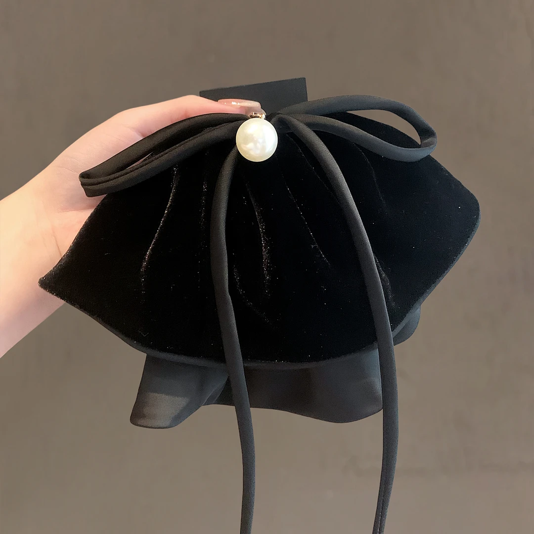 法式复古珍珠丝绒飘带抓夹黑色蝴蝶结扎高马尾夹后脑勺超仙盘发夹