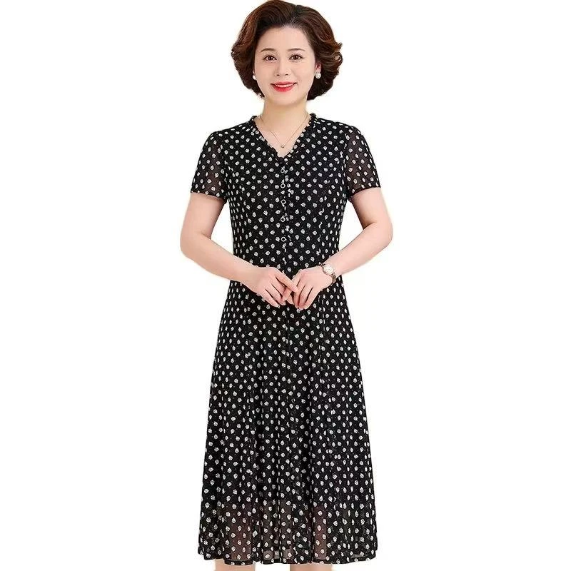 【W394黑小花】2025时尚优雅百搭洋气款夏季短袖中长款裙