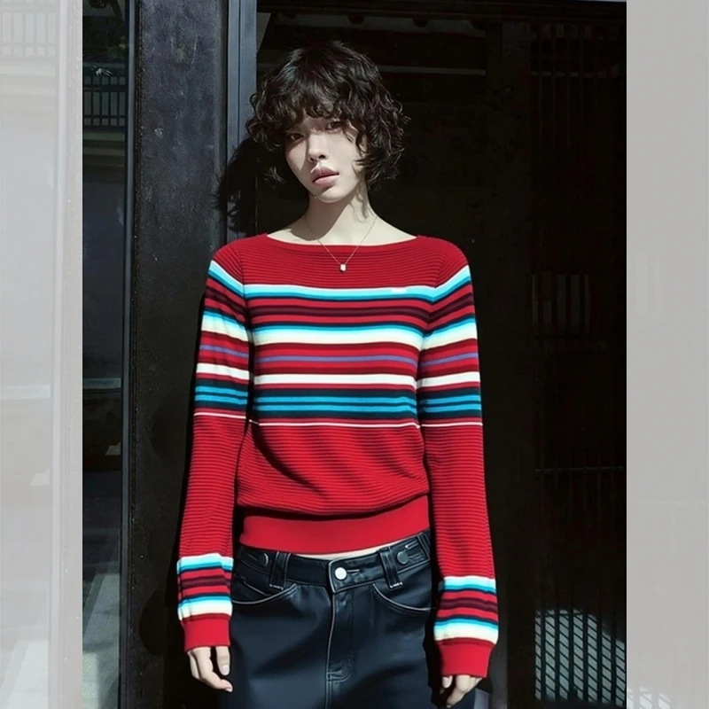 2025冬季高级感超好看软糯慵懒风减龄松弛感圣诞红色条纹针织衫女