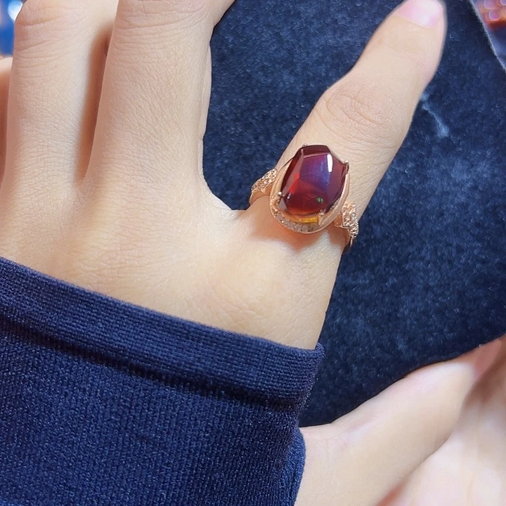 银S925镶嵌蓝珀珠宝奇石墨西哥红蓝戒指