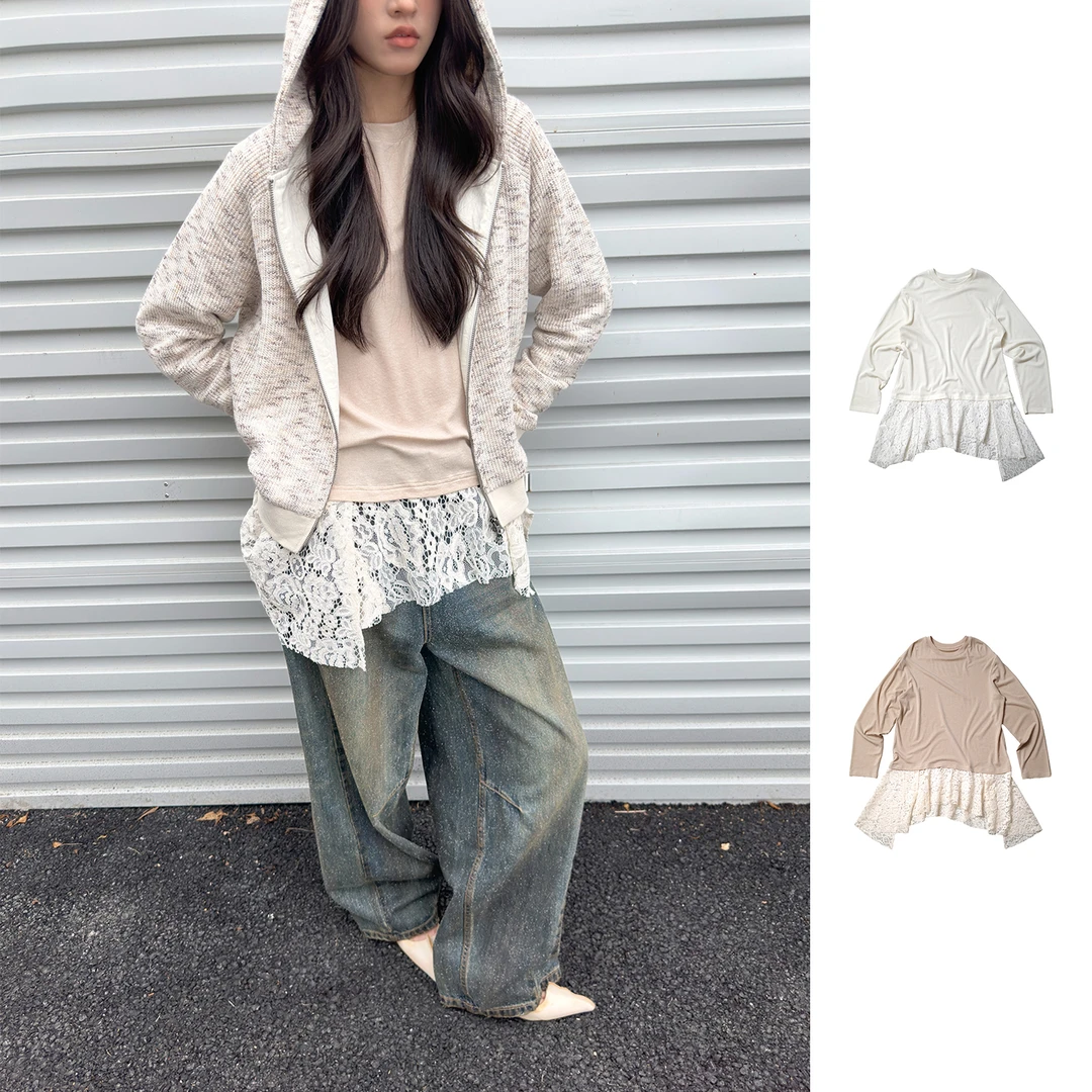 MANZANILLA 拼接蕾丝针织长袖长版T恤休闲女 DSC买手店 DY5M32048