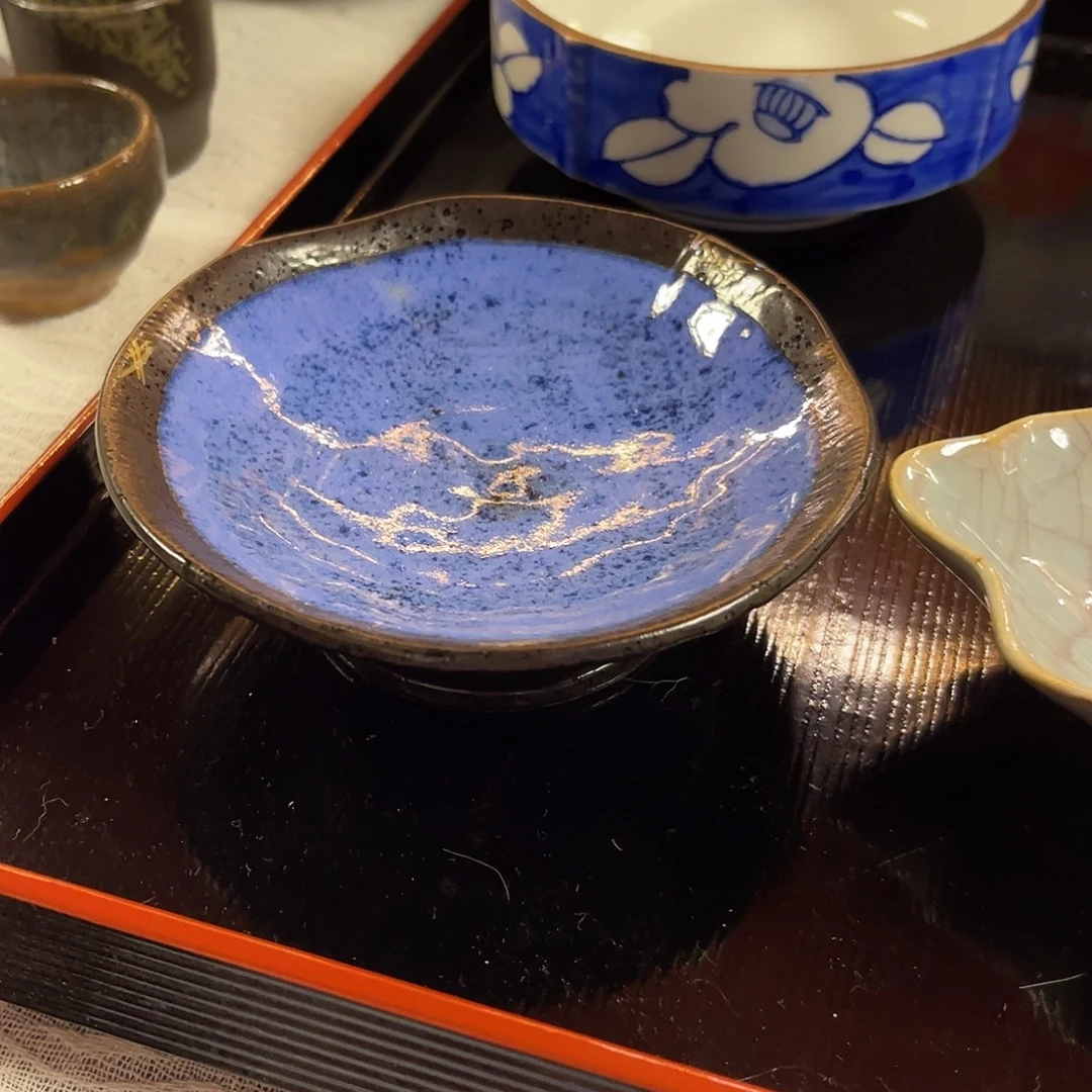 瓷片黑篮釉高足小盘子26