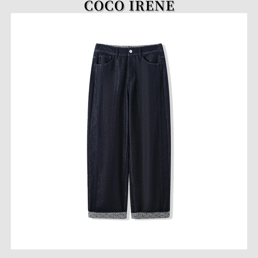 COCO IRENE 【老花牛仔】大牌定制独家印花撞色翻边直筒长裤