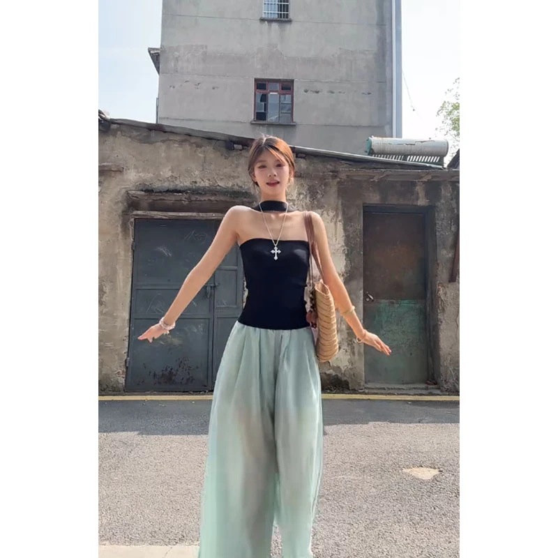 温柔风气质辣妹度假修身抹胸上衣夏季高腰宽松透气垂感休闲阔腿裤