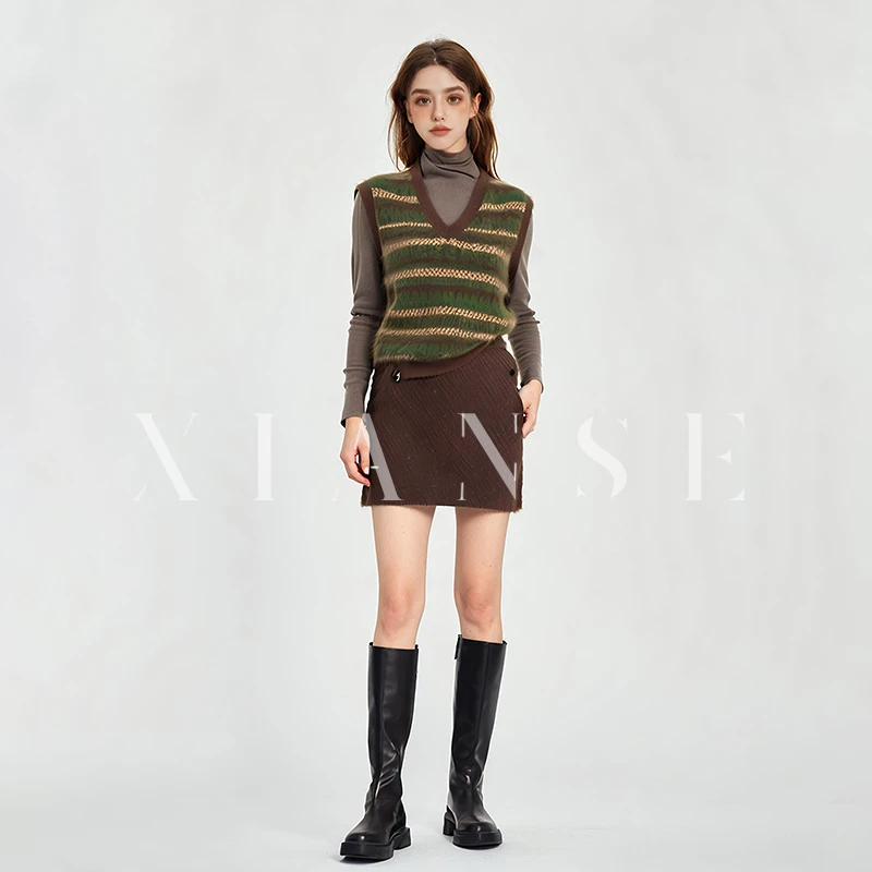 2024秋冬新款极简风V领针织衫女装撞色提花背心马甲毛衣女百搭