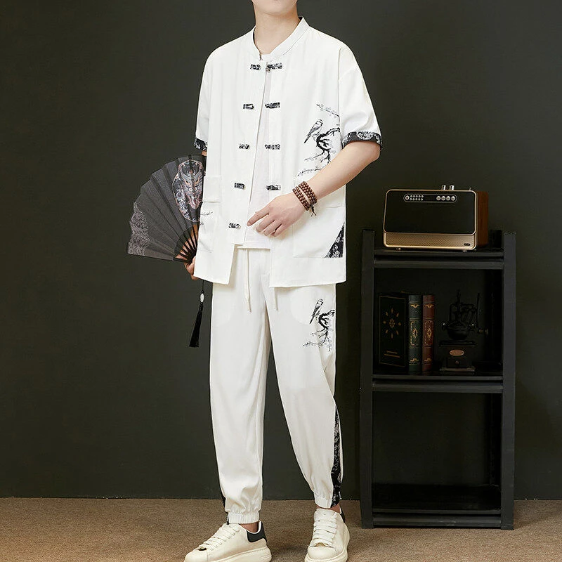 夏季新款男士新中式国风唐装两件套中青年冰感宽松民族风短袖套装