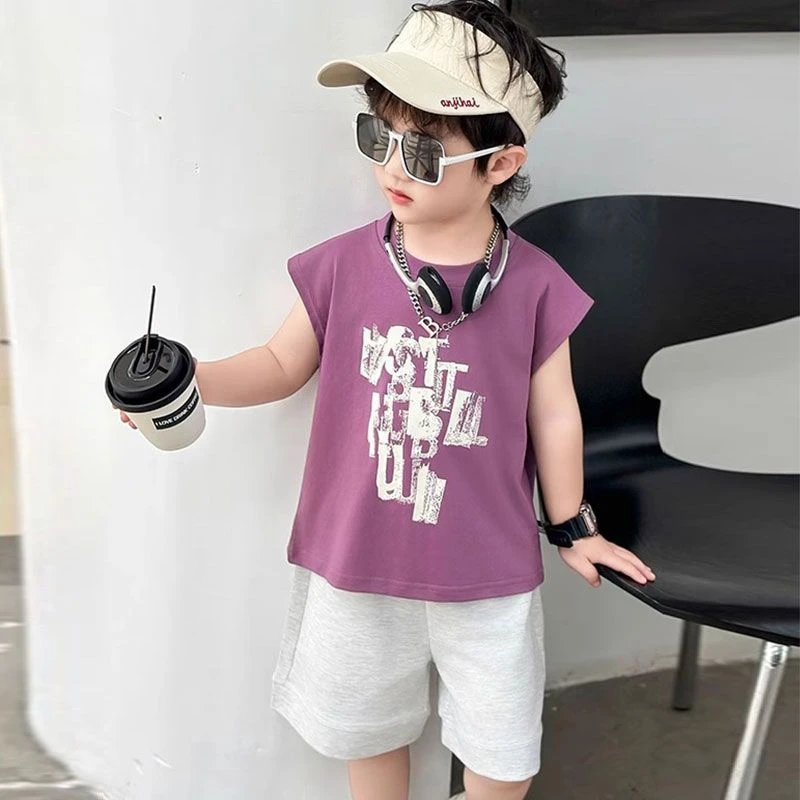 男童夏季背心套装2025新款洋气儿童无袖T恤运动夏装宝宝帅气衣服