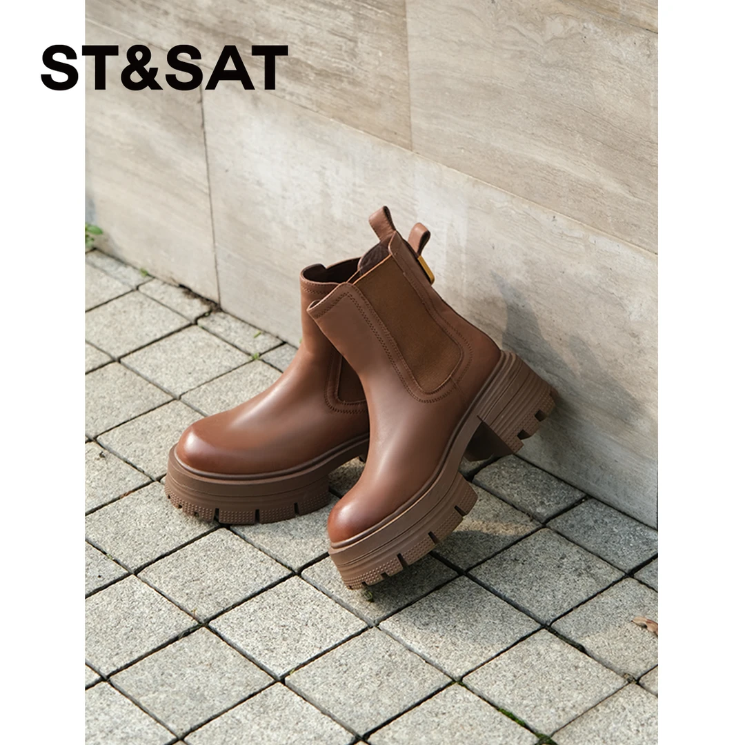 星期六厚底学院风气质时尚百搭中筒英伦风女士短靴厚底马丁靴皮靴