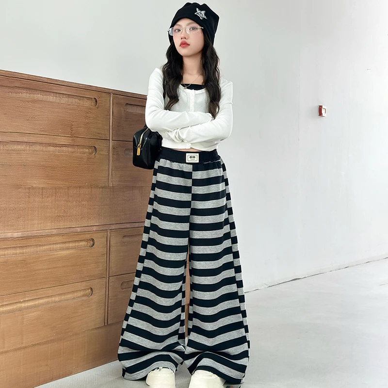 女童裤子春秋2025新款洋气女孩针织条纹阔腿裤大童直筒裤休闲卫裤