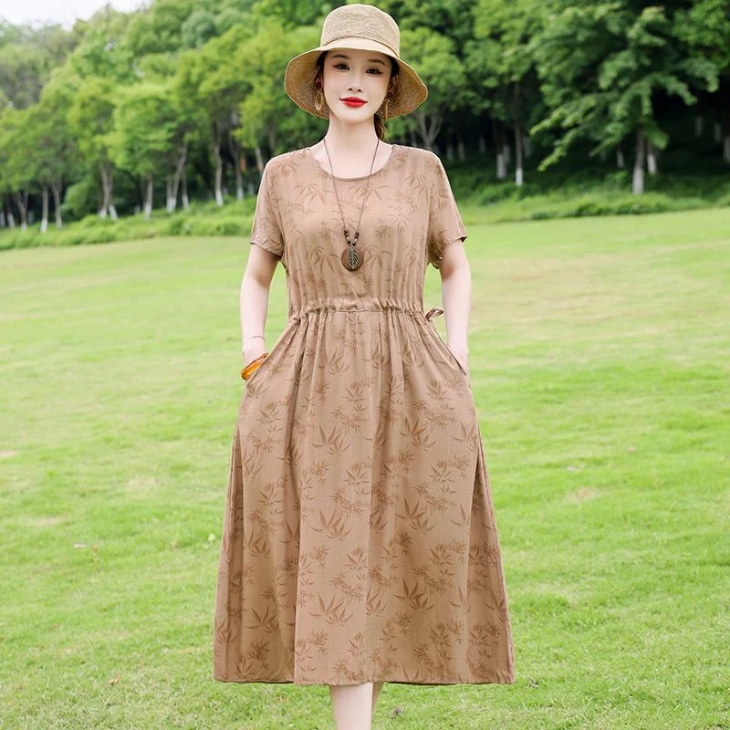2025新款夏季高端棉麻连衣裙女气质收腰碎花妈妈外穿棉绸大摆裙子
