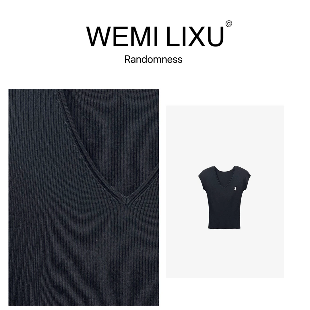 WEMI LIXU“马德里”夏季时尚刺绣清凉百搭V领女装飞袖针织衫1187