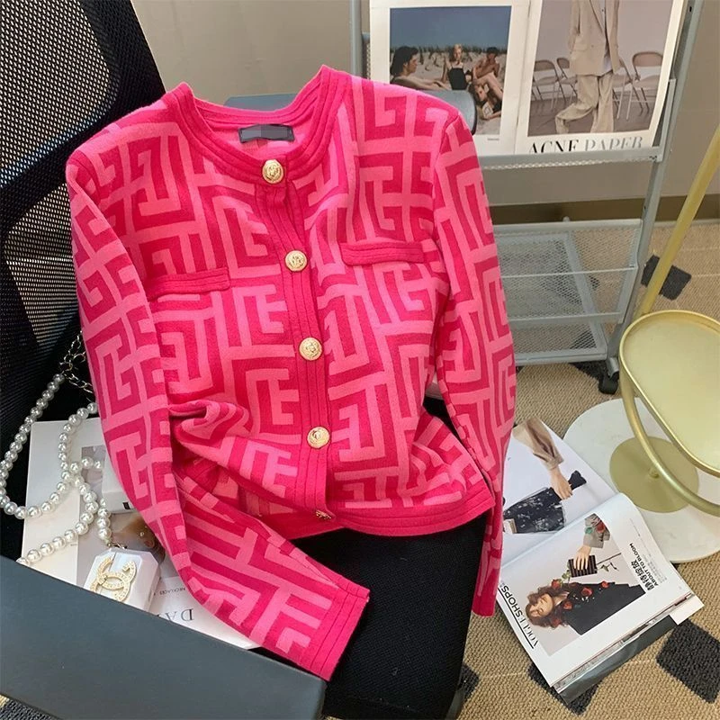 小香风外套女提花金属扣针织开衫秋季新款时尚温柔风洋气圆领外套