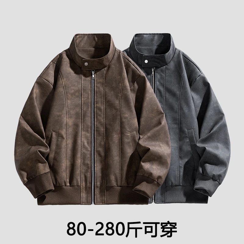 大码男装春季新款PU夹克休闲男士加肥加大胖子外套松胖子肥棒球服