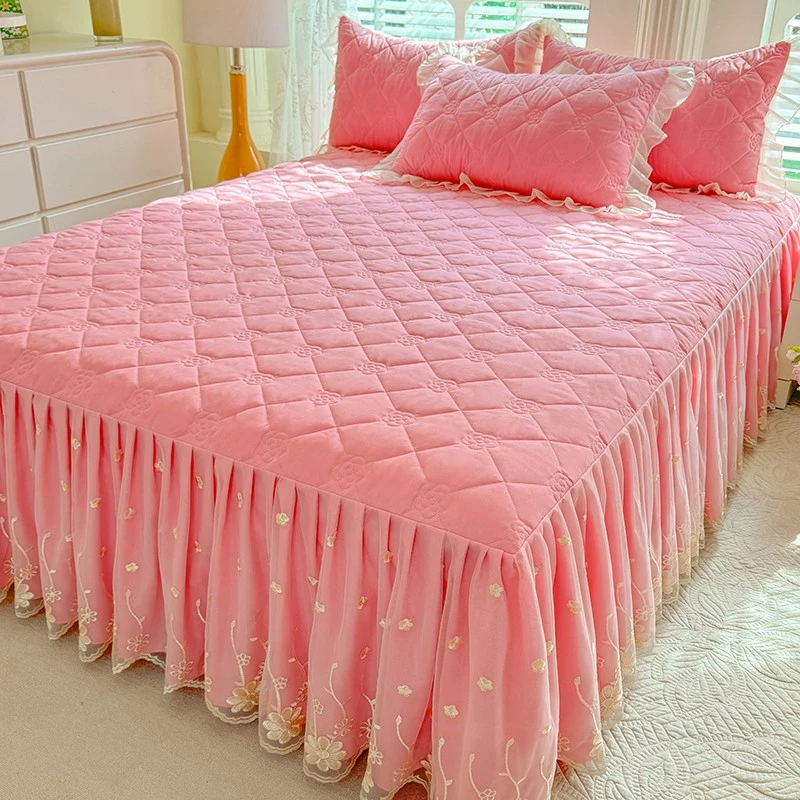 2025新款花边床裙夹棉非全棉纯棉公主风夏天床单罩学生宿舍家用