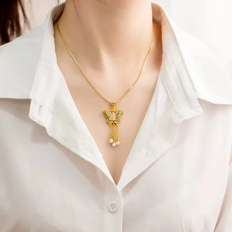 钛钢项链 新中式烧蓝幽梦蝶生项链复古轻奢花丝蝴蝶流苏锁骨链