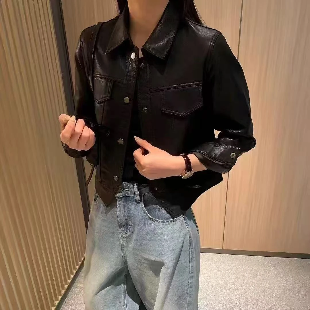 定制款荔枝纹超有型翻领皮衣女2025春季新款休闲皮衣外套女机车服