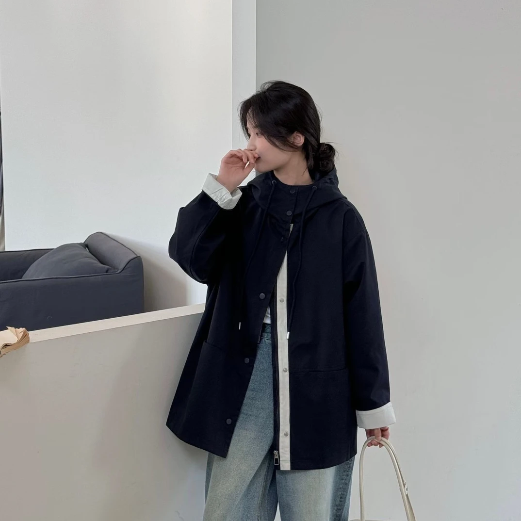 N1～2025韩系秋款连帽风衣外套女8806休闲宽松简约中长款