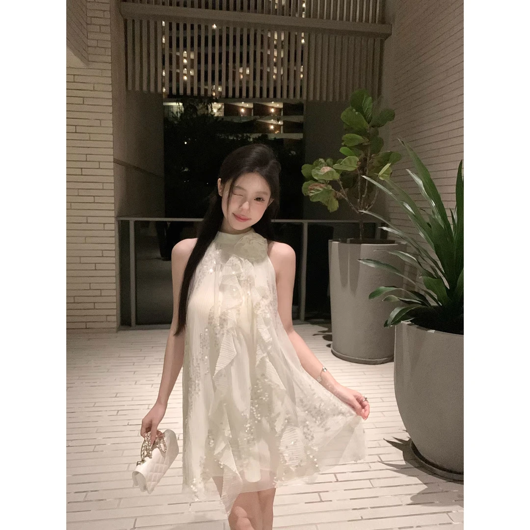 kubiliv琉璃月光手工花朵胸针重工珠片衣服挂脖雪纺连衣裙仙女裙