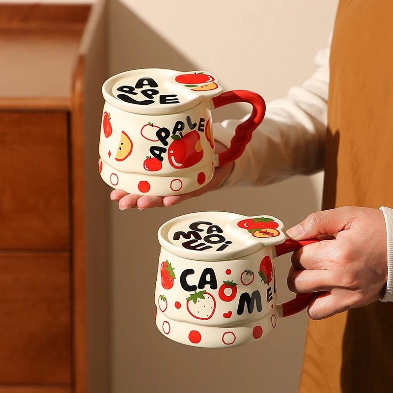 水果涂鸦马克杯女生高颜值漂亮杯子伴手礼物陶瓷杯带盖水杯办公室