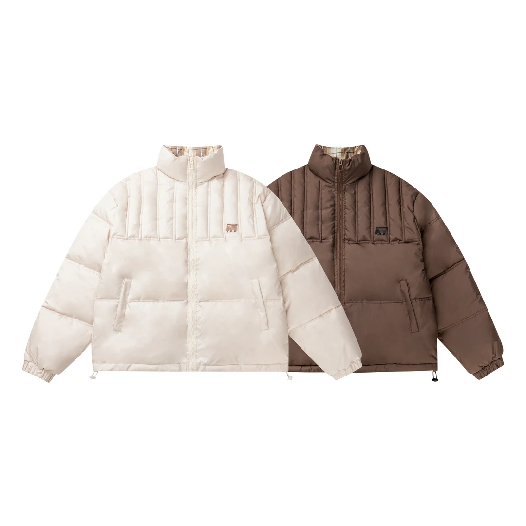 【年底清清福利】立领拼接格纹面包棉服加厚保暖外套情侣潮TP087