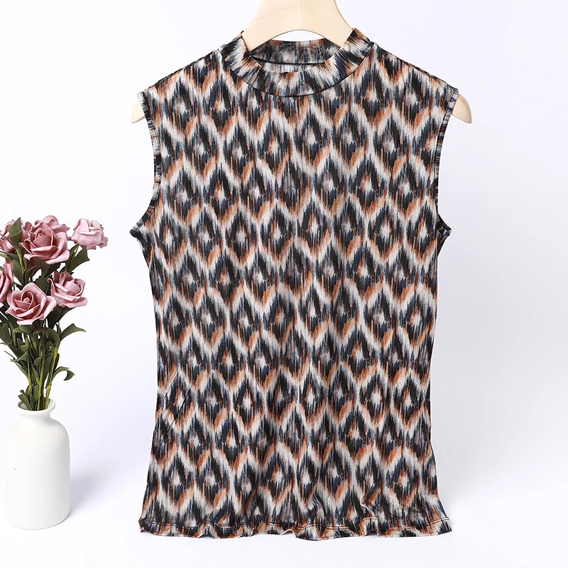 限量款女士42针真丝针织印花背心半高领无袖打底T恤上衣 B2769