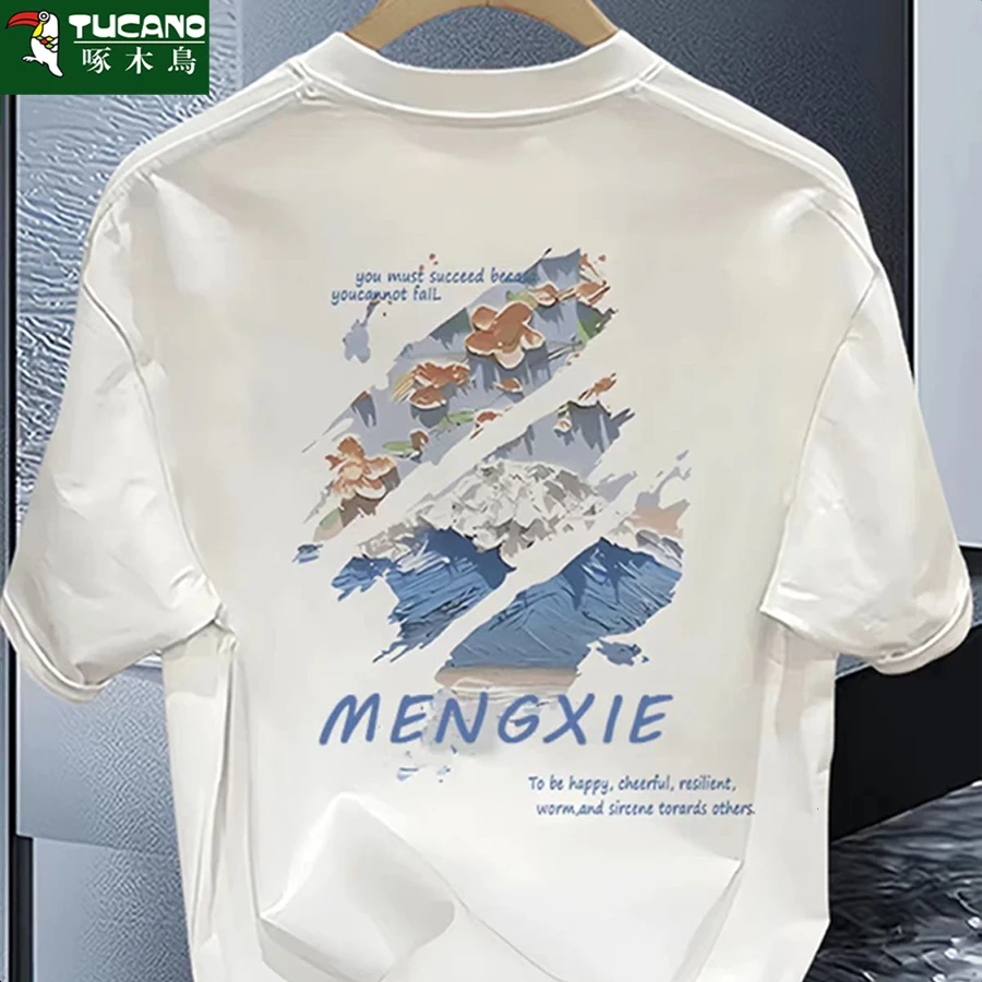 啄木鸟重磅纯棉短袖t恤男士夏季韩版宽松潮流休闲时尚印花圆领T恤