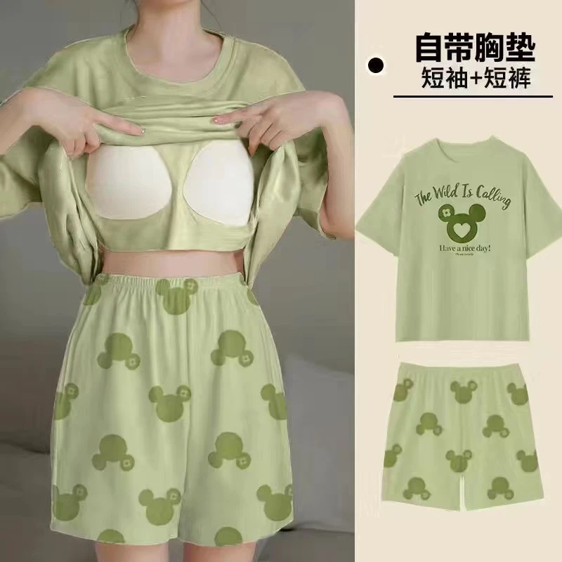 睡衣夏季夏天高颜值学生薄款带胸垫可爱短袖可外穿家居服宽松套装