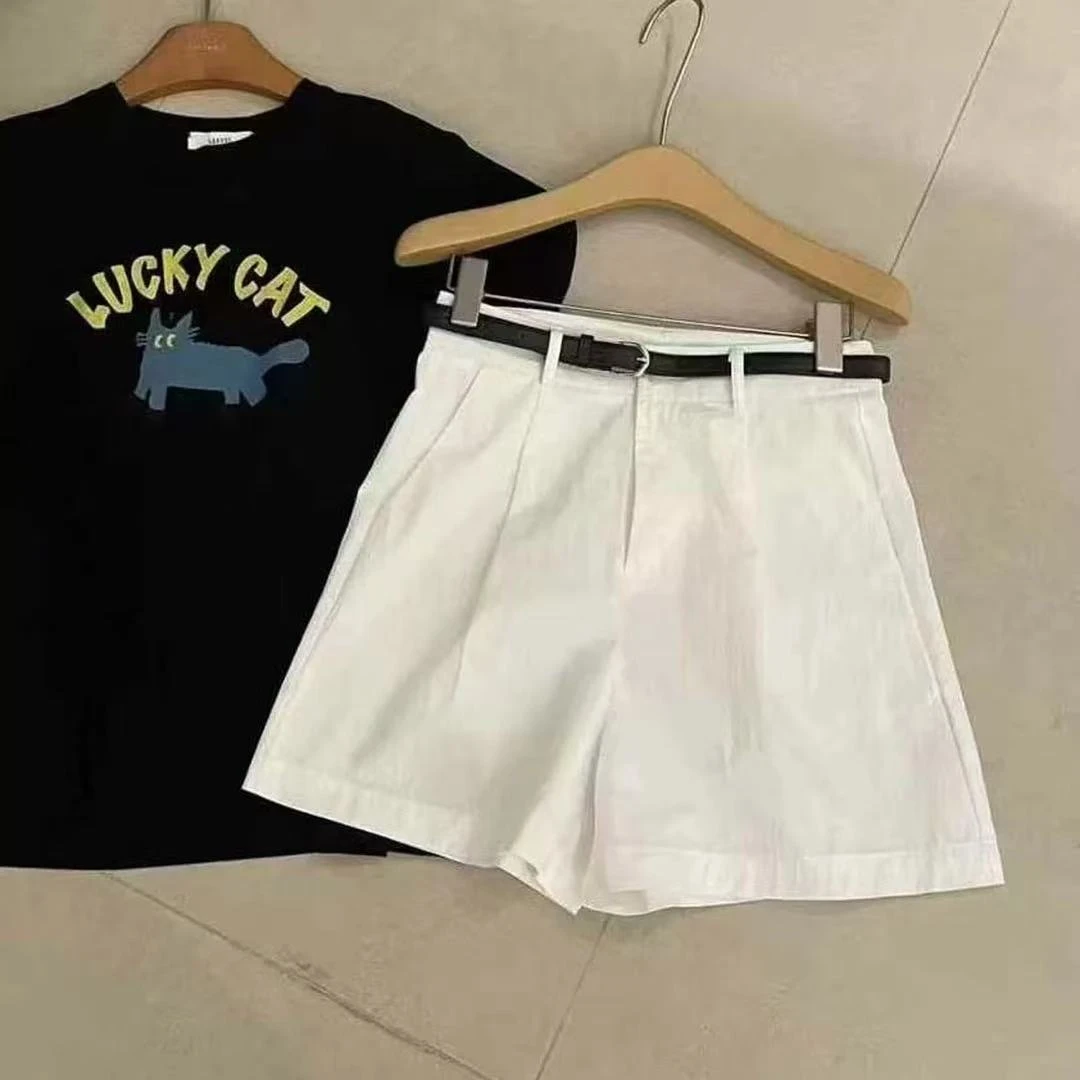 M纯棉a字版休闲中裤五分裤女夏季2025爆款宽松百搭腰带阔腿裤短裤