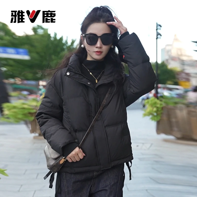 2025新女时尚冬季立领加厚短款宽松黑色白鸭绒保暖羽绒服百搭休闲