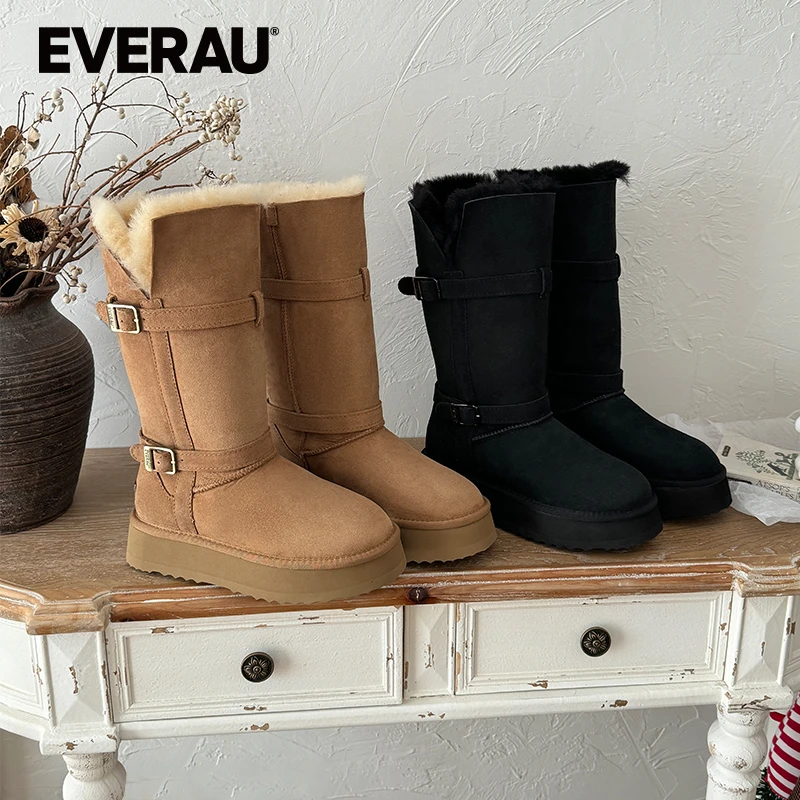 EVERAU厚底长筒雪地靴女2025冬季新款两穿加绒加厚长筒靴UEA3020