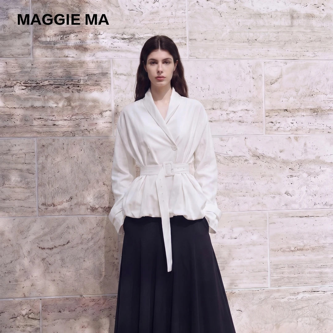 MAGGIE MA马婧设计师小众V领收腰法式风气质白色绑带收腰衬衫308C