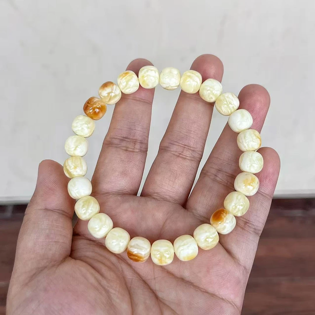 9mm天然原矿无优化同料沁色瓷白花虎皮纹精工老型蜜蜡手串10.59克