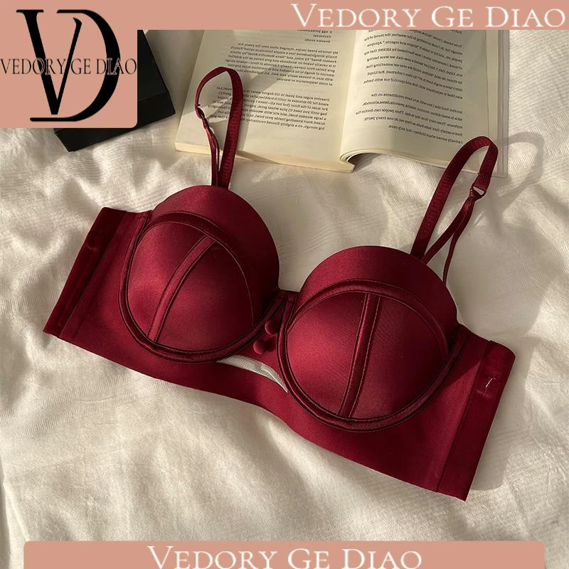 维多利亚法式酒红色复古内衣女秋冬本命年结婚无肩带小胸小胸内衣