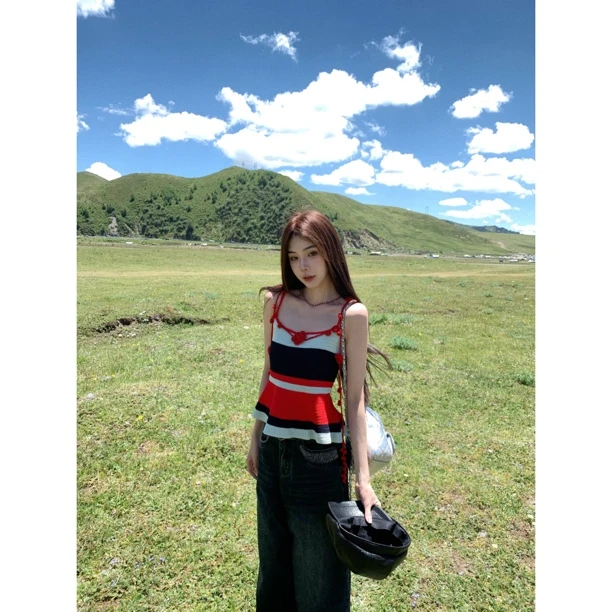 【赵小小&失心热恋】6389 港味风格撞色条纹针织吊带背心显瘦上衣女