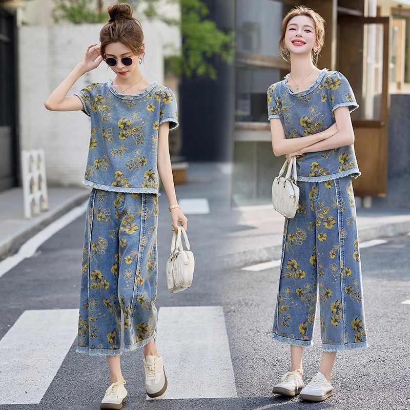 休闲时尚复古印花牛仔套装女2025年夏季新款流苏拼接阔腿裤两件套