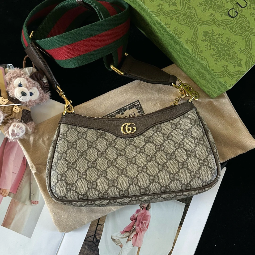 95新 GUCCI/古驰 GUCCI古驰 棕色配皮ophidia系列腋下包麻将包