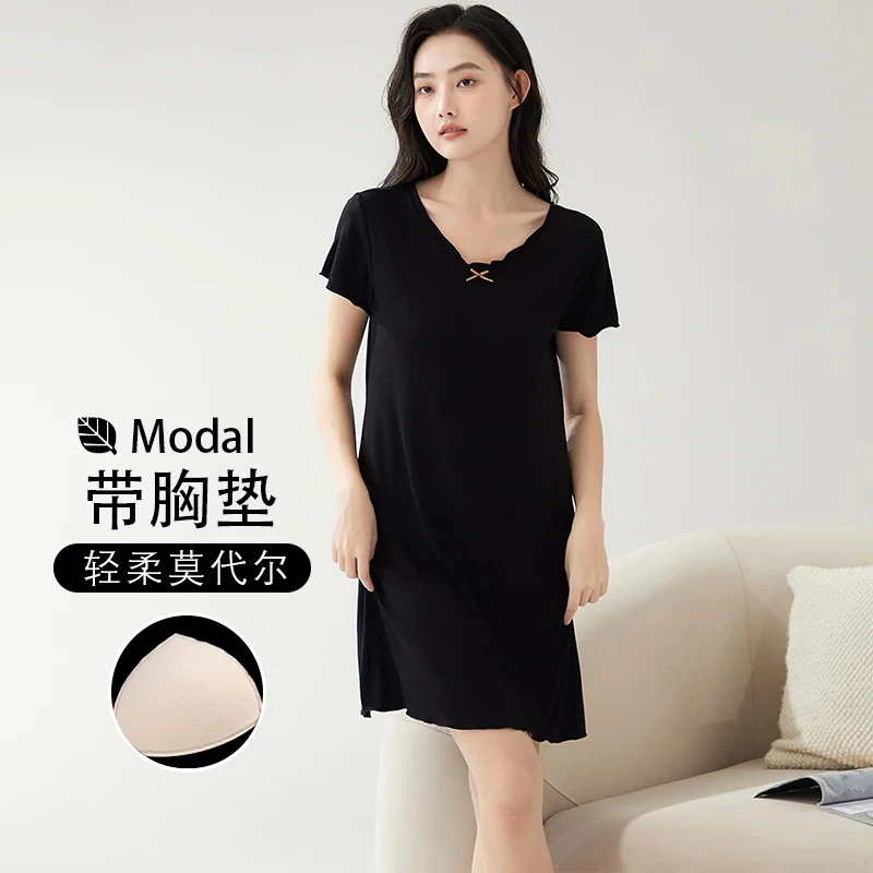 带胸垫莫代尔睡裙女短袖夏天薄款宽松大码孕妇睡衣家居服可外穿